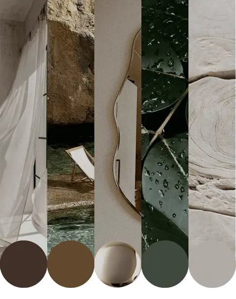Luxury interior design mood board featuring natural textures, elegant fabrics, and a sophisticated earth-toned color palette.