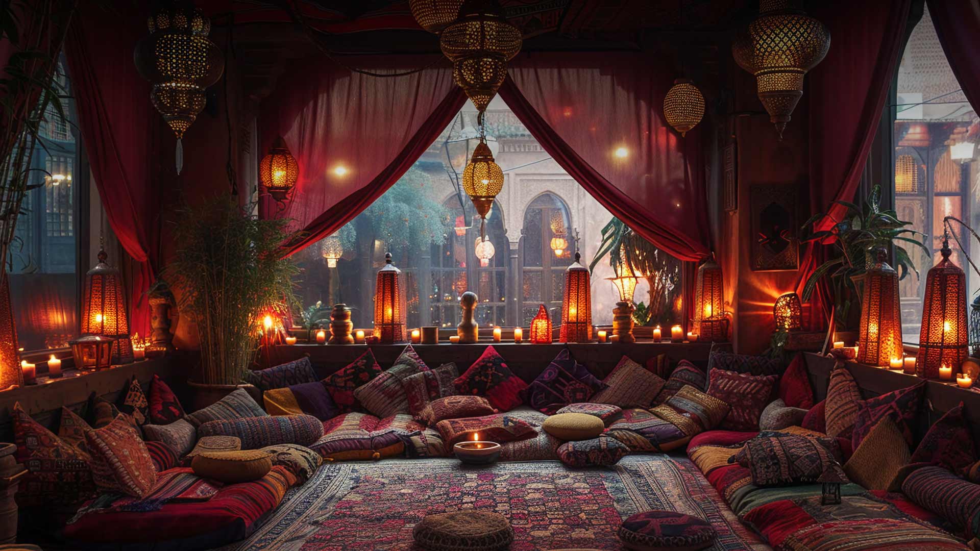 Luxurious Majlis interior design featuring ornate golden patterns, blue velvet sofas, and elegant Arabic lanterns.