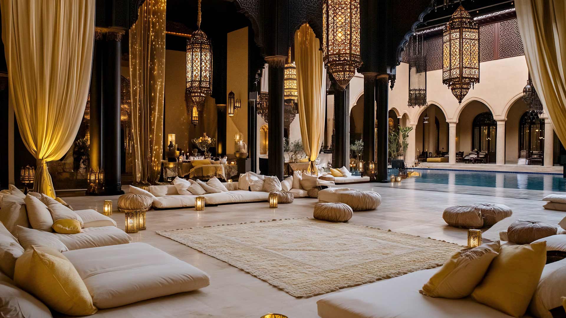 Luxurious Majlis interior design featuring ornate golden patterns, blue velvet sofas, and elegant Arabic lanterns.