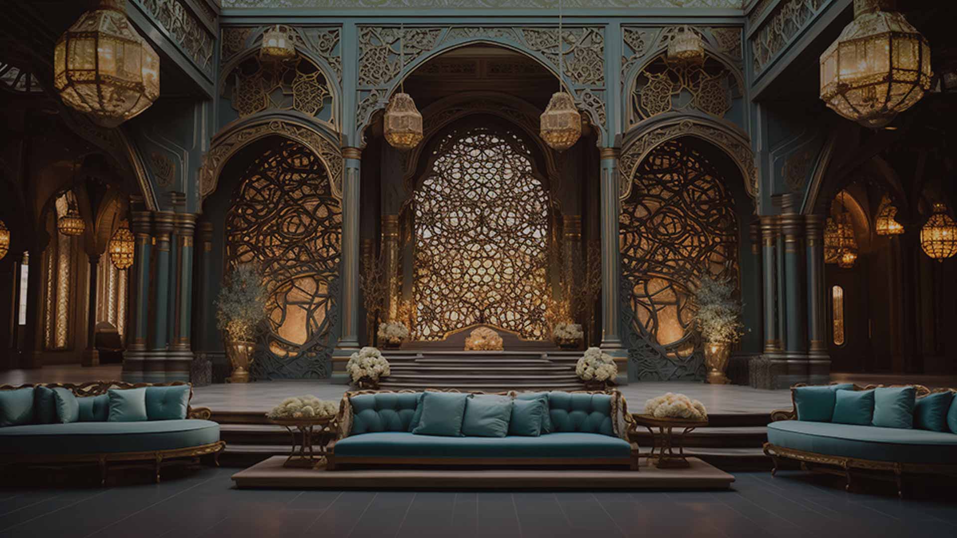 Luxurious Majlis interior design featuring ornate golden patterns, blue velvet sofas, and elegant Arabic lanterns.