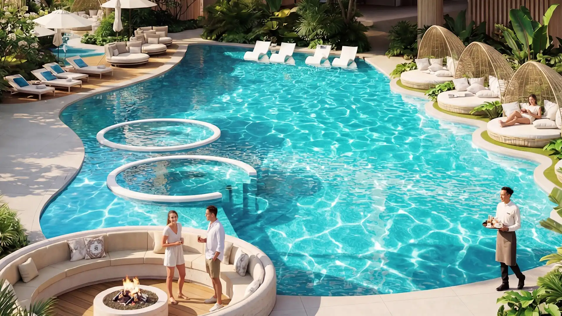 Luxury resort swimming pool at Aruba Aquila with submerged loungers, private cabanas and tropical gardens.