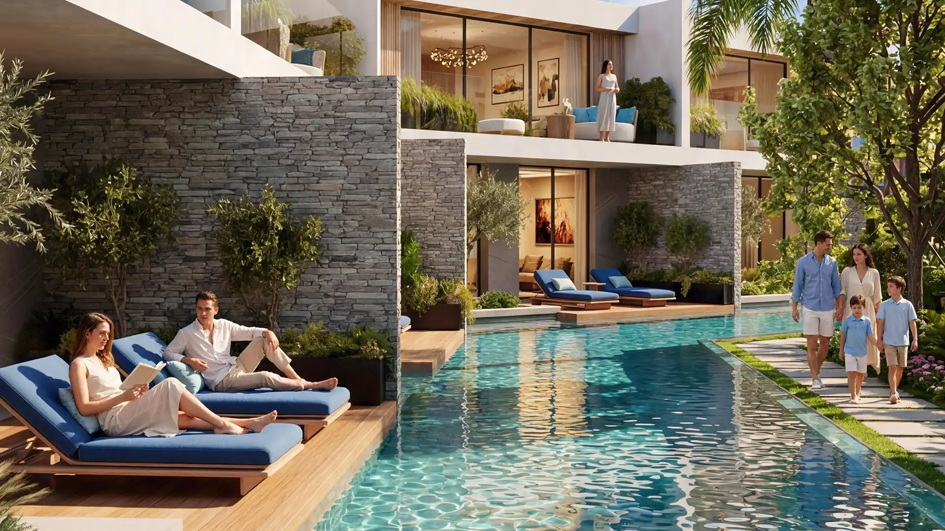 Aruba Aquila luxury villas with private swimming pools, natural stone façades and tropical landscaping.