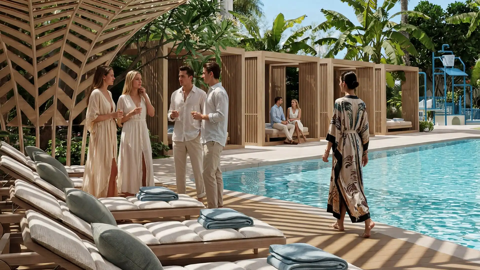Aruba Aquila poolside amenities featuring shaded loungers, private cabanas and contemporary tropical architecture.