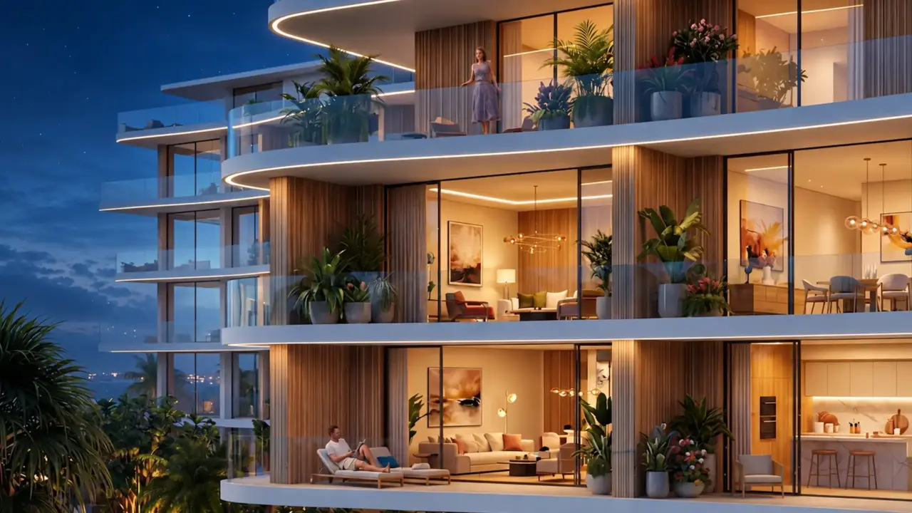 Aruba Aquila luxury residences at night with curved balconies, floor-to-ceiling windows and warm interior lighting.