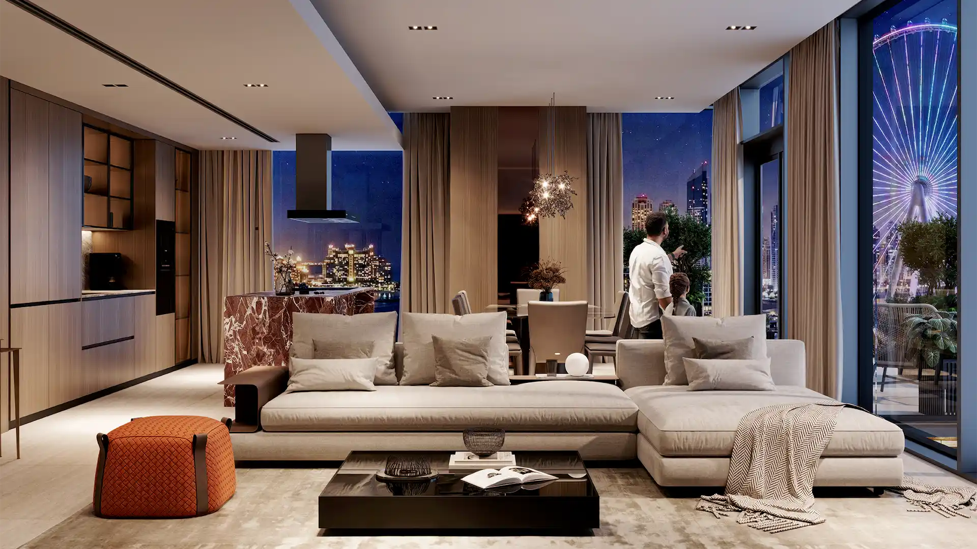 Bluewaters 601 luxury living room interior with Ain Dubai view