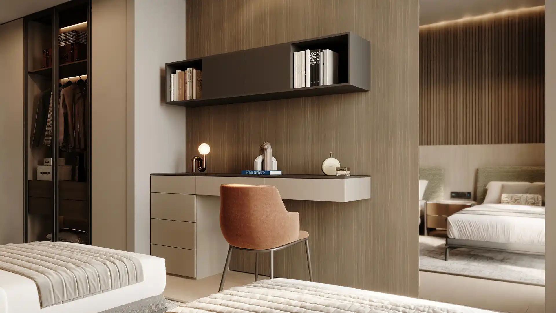Bespoke bedroom study and storage area at Bluewaters 601