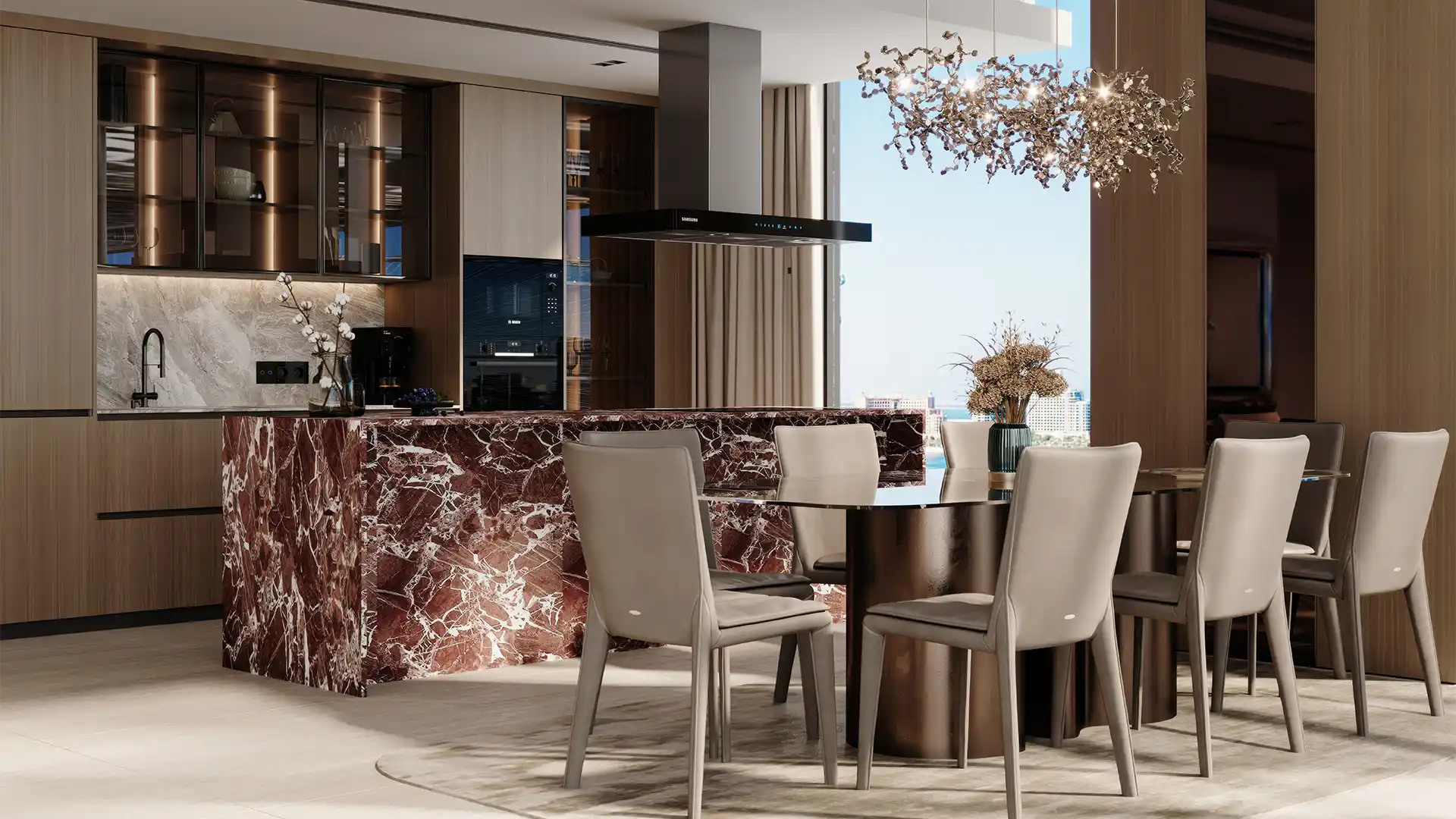 Bluewaters 601 kitchen with Rosso Levanto marble island