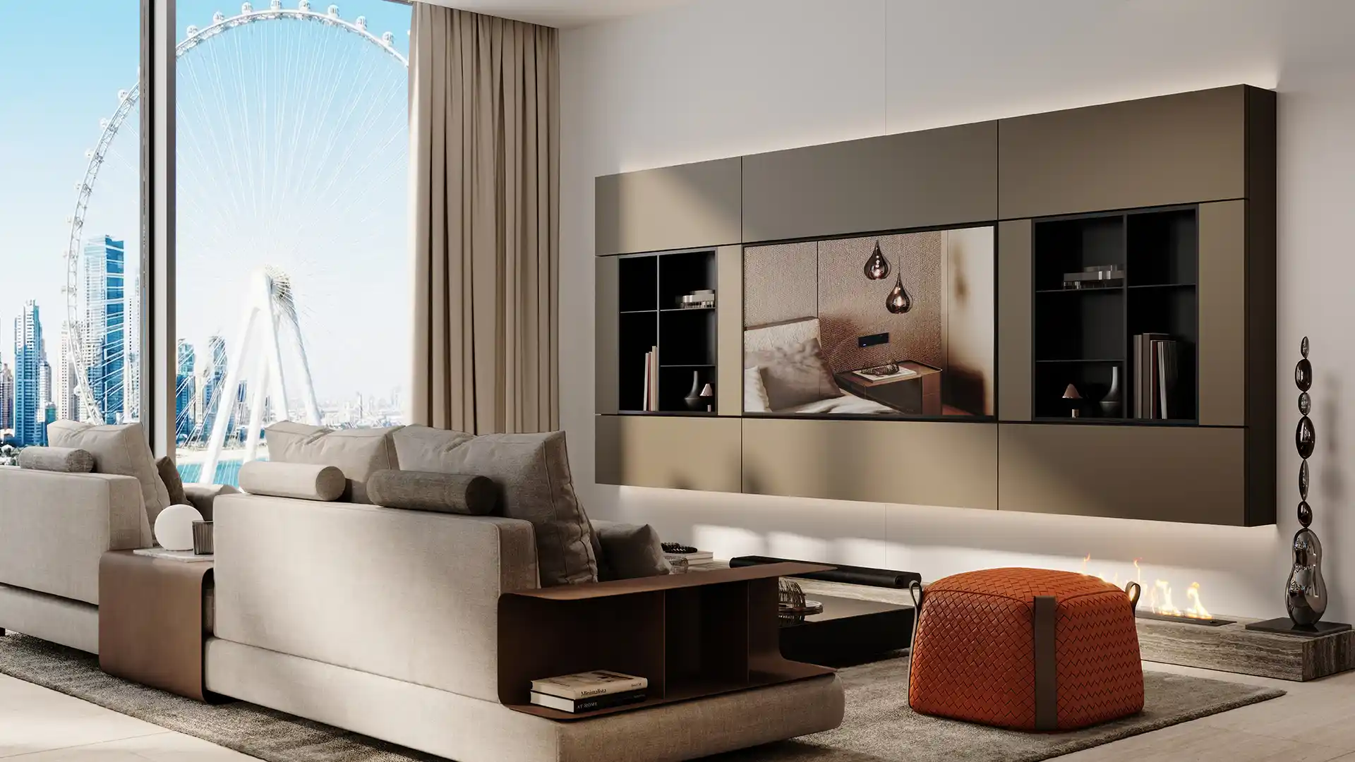 Luxury living room overlooking Ain Dubai on Bluewaters Island