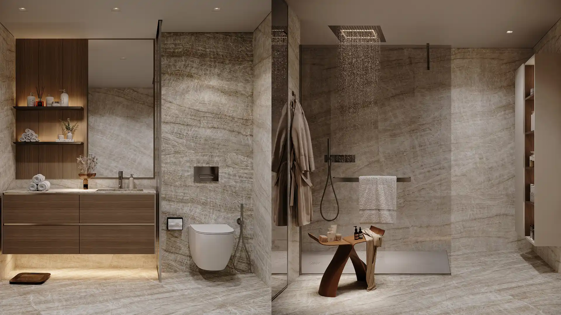 Spa-style bathroom with natural stone and walk-in shower