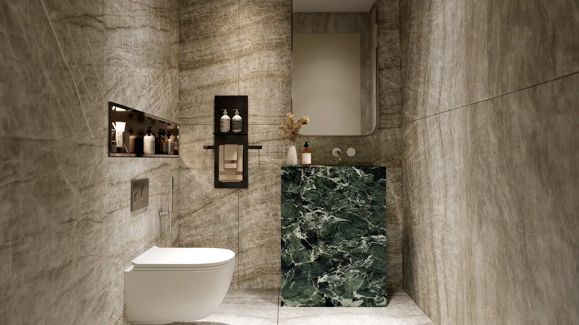 Luxury bathroom featuring a green marble vanity at Bluewaters 603