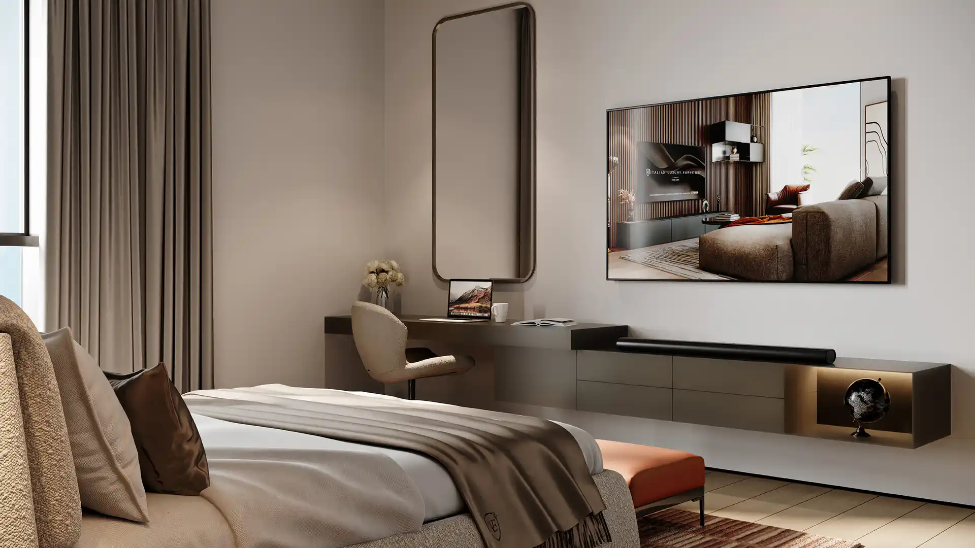 Modern bedroom with bespoke television unit and dressing desk