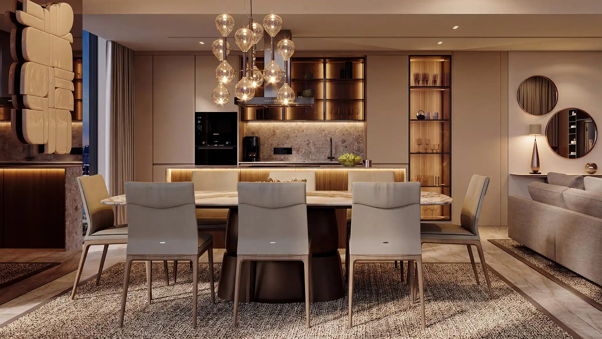 Luxury dining area and open kitchen in Bluewaters 603 apartment
