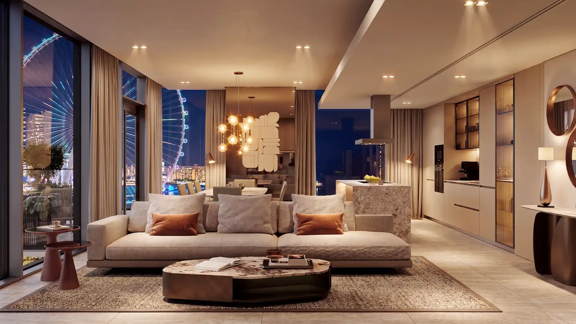 Bluewaters 603 modern living room overlooking Ain Dubai at night