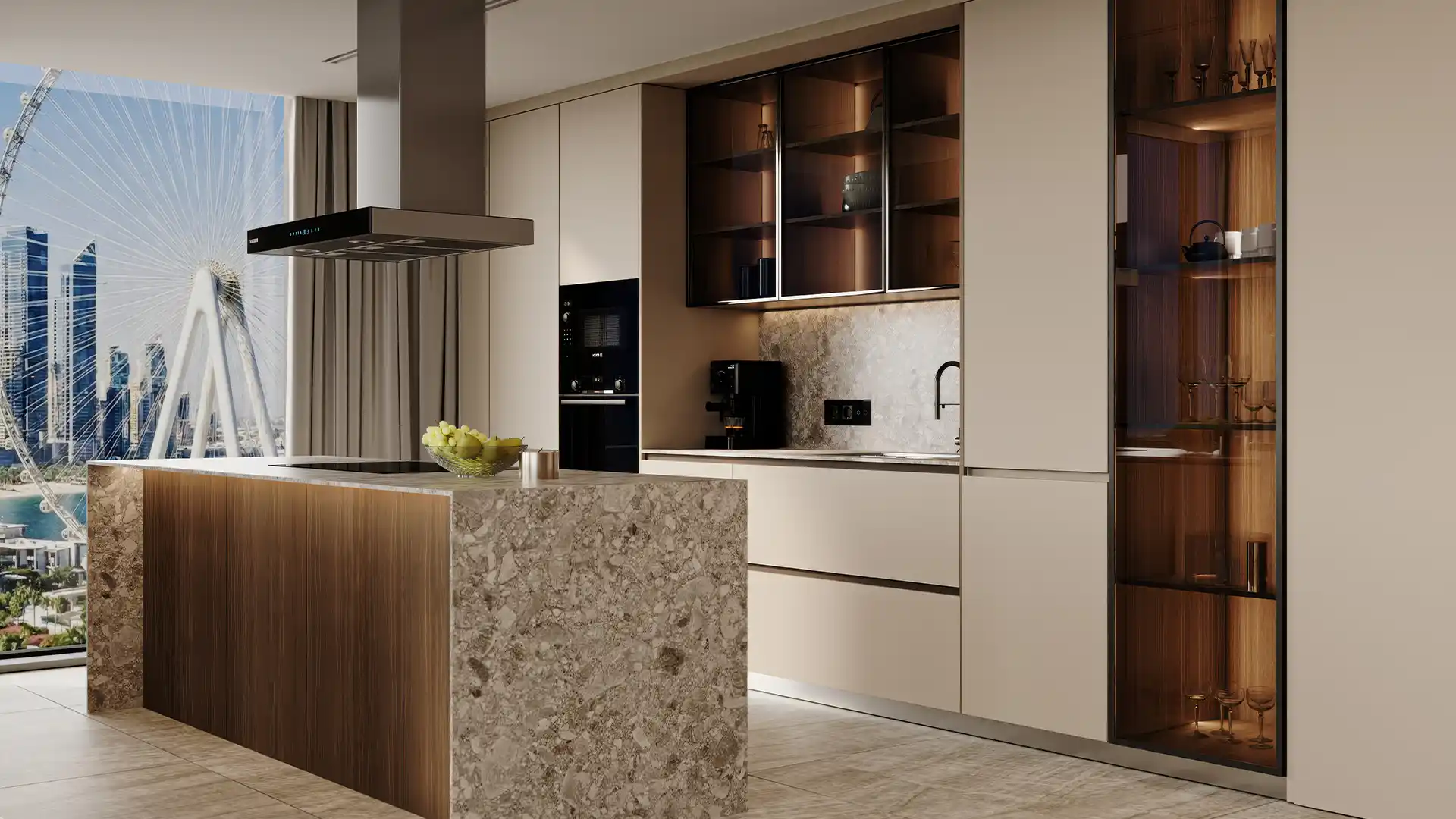 Modern Bluewaters apartment kitchen with natural stone island