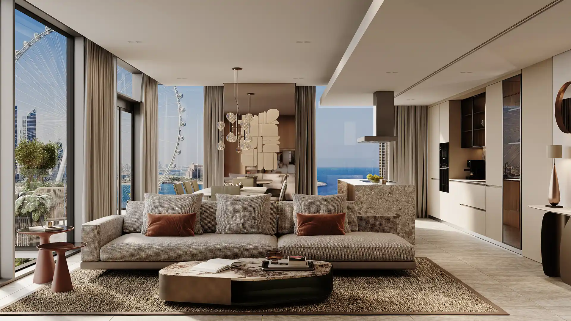 Luxury living room with panoramic Ain Dubai waterfront view
