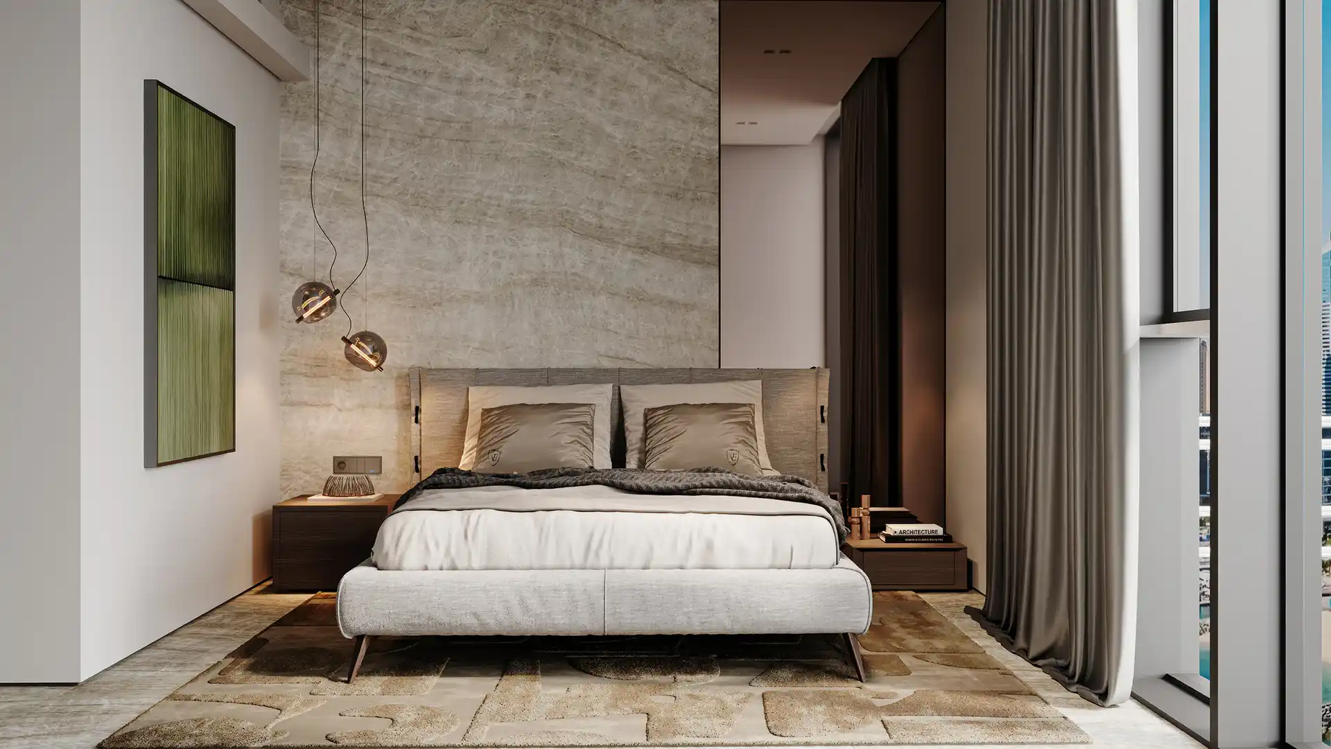 Guest bedroom with natural stone feature wall at Bluewaters 603