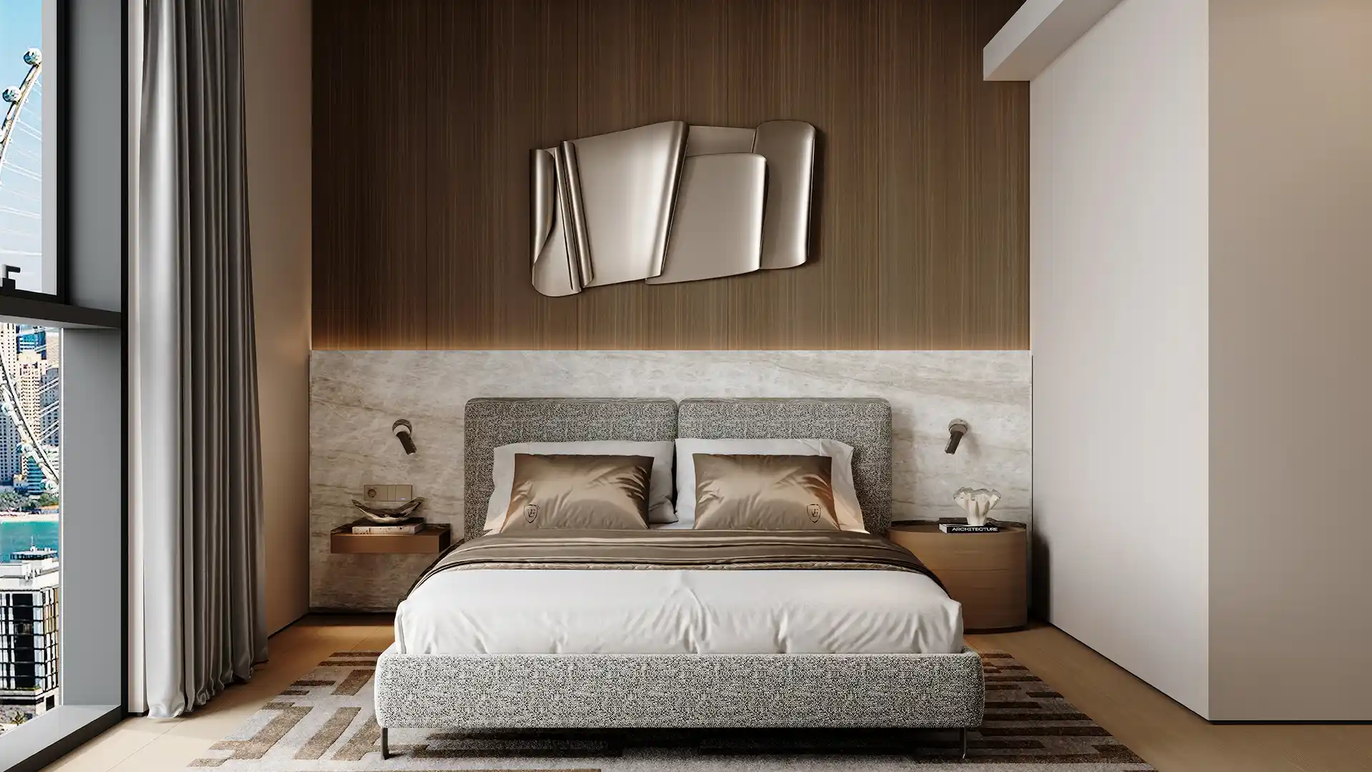 Luxury bedroom with warm timber feature wall and bespoke lighting