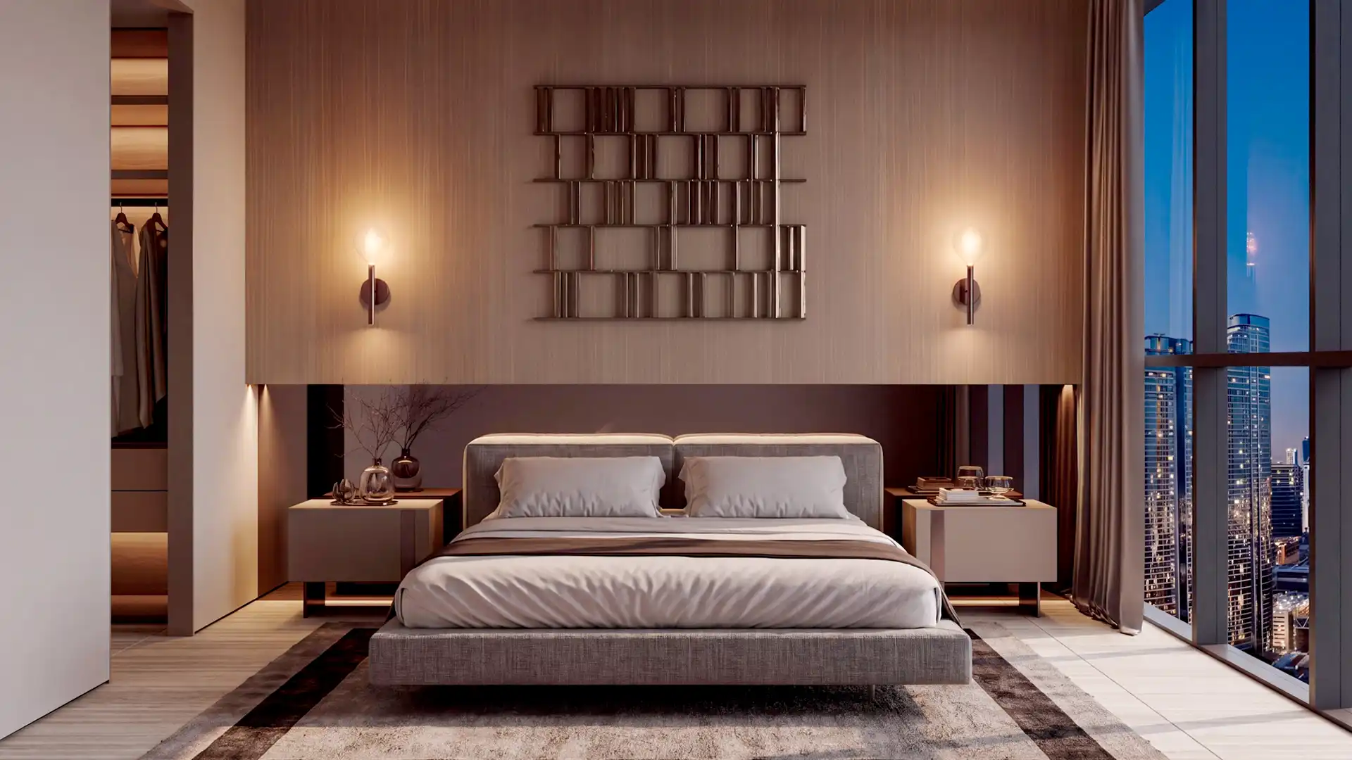 Luxury master bedroom interior designed by Venetian Enrico at City Walk 303 Dubai