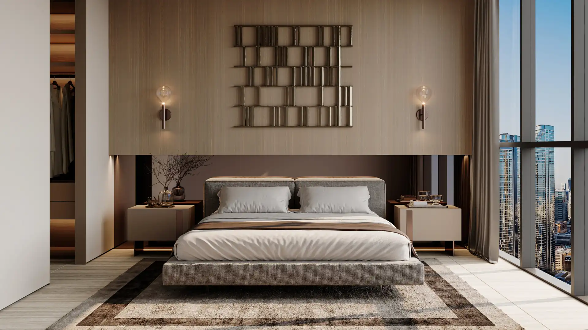 Modern bedroom with bespoke headboard and warm lighting at City Walk 303