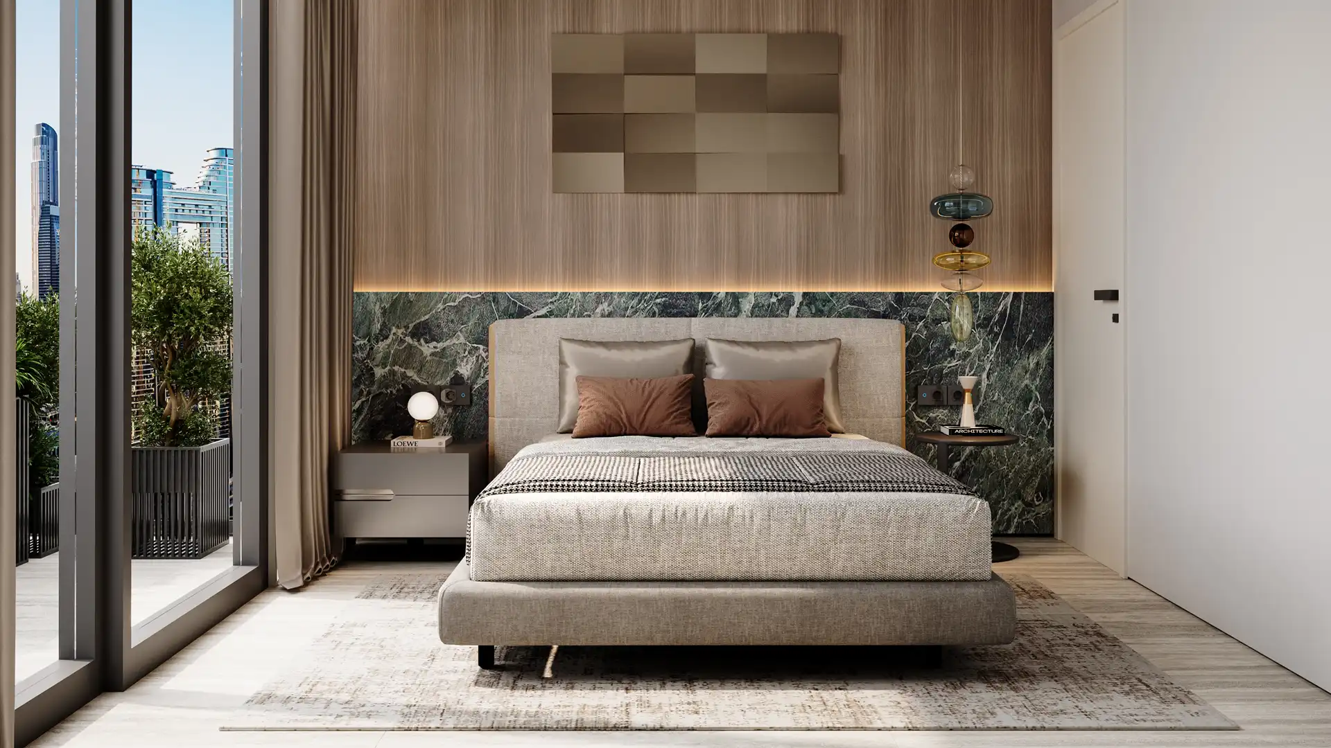 Elegant guest bedroom with neutral finishes and floor-to-ceiling windows