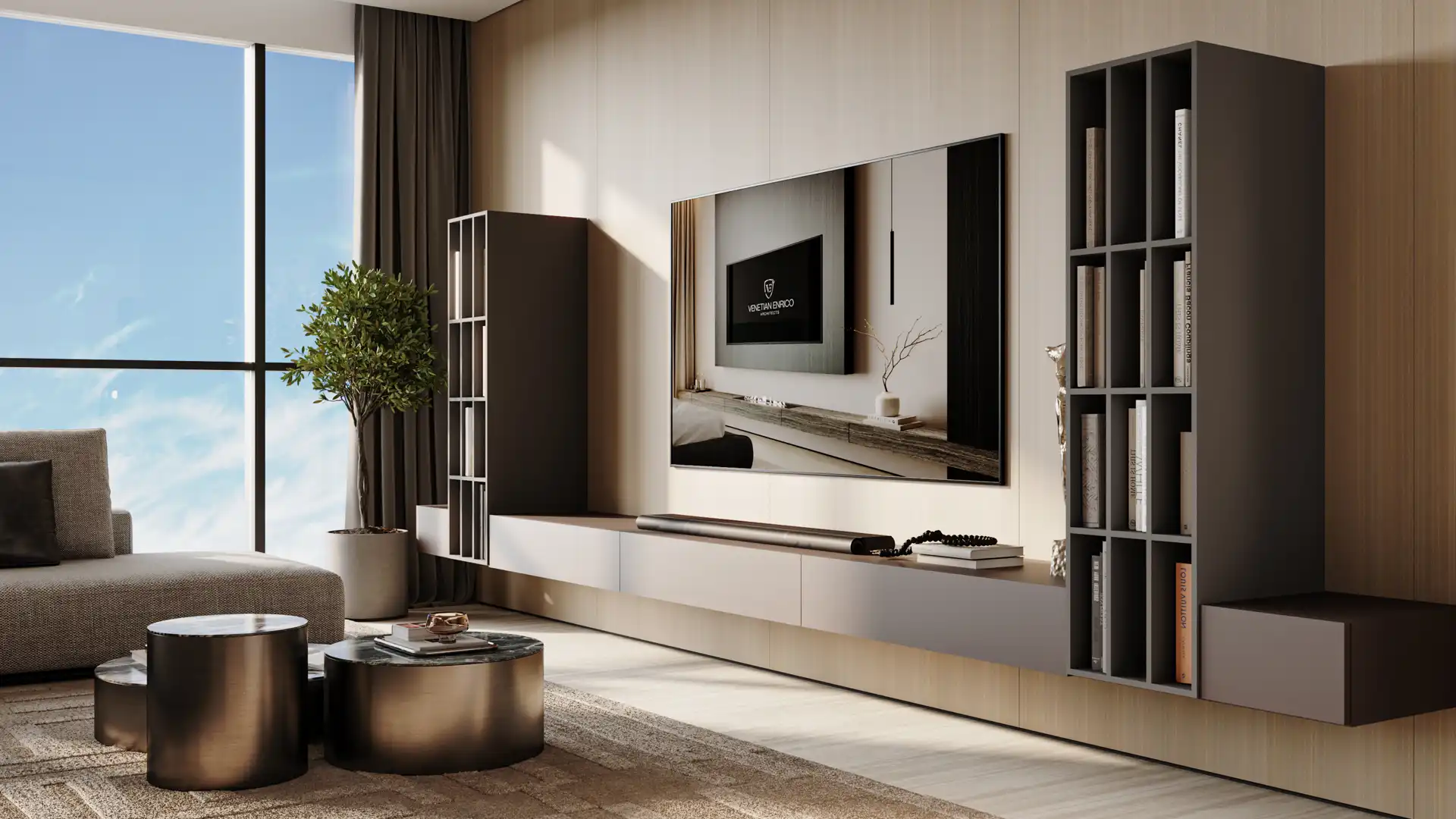 Bespoke television unit and display shelving in City Walk 303 living room