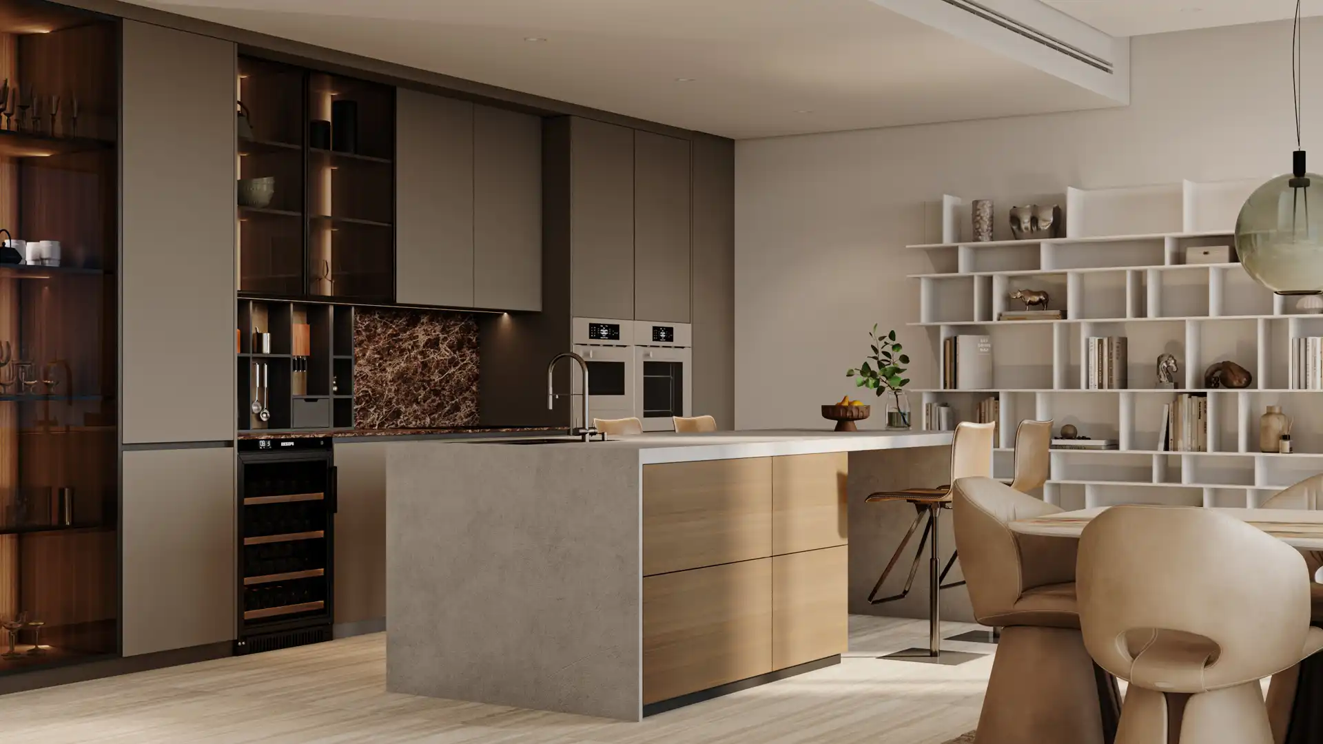 Modern kitchen with integrated cabinetry and stone island at City Walk 303