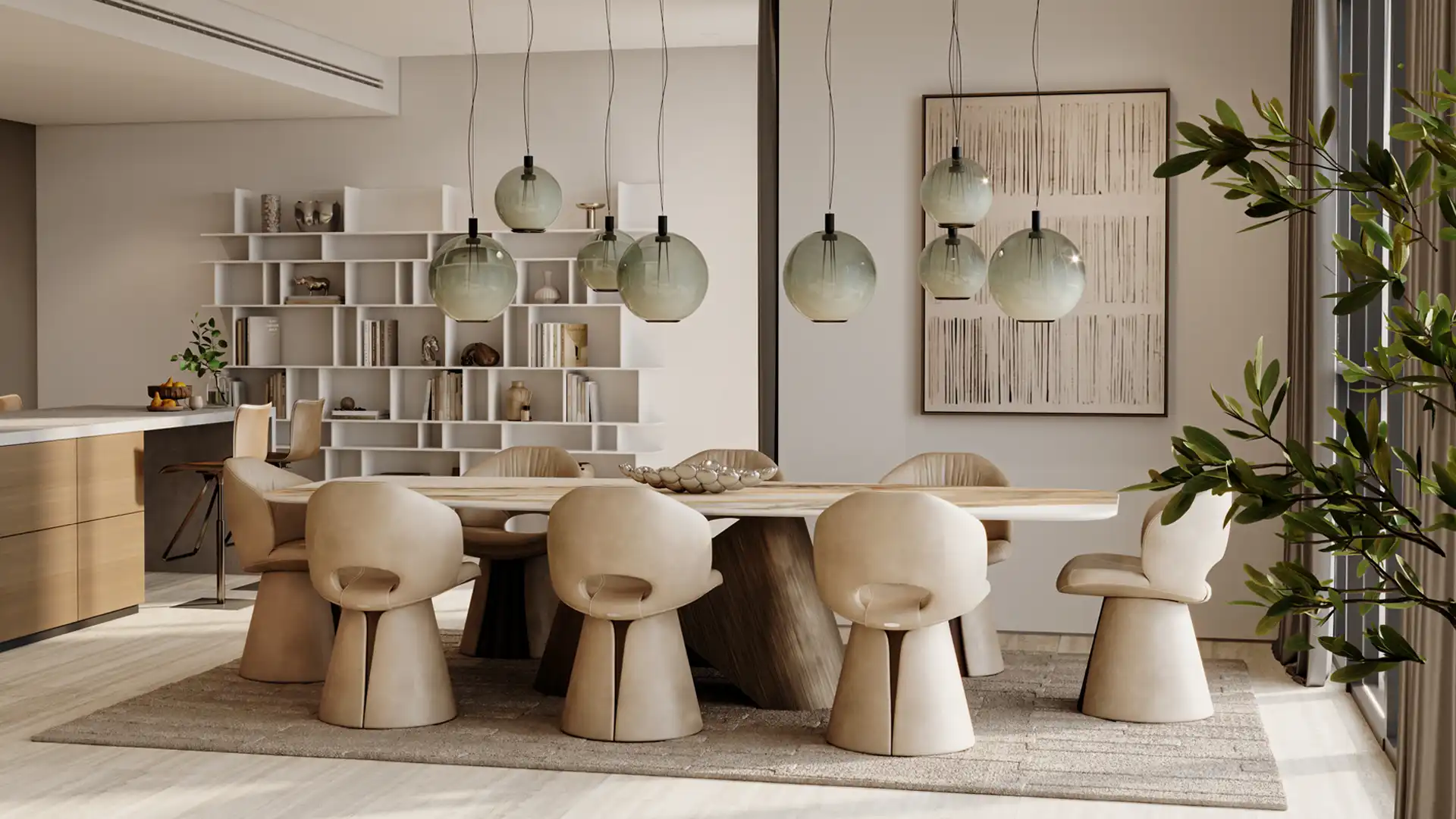 Luxury dining area with sculptural chairs and pendant lighting