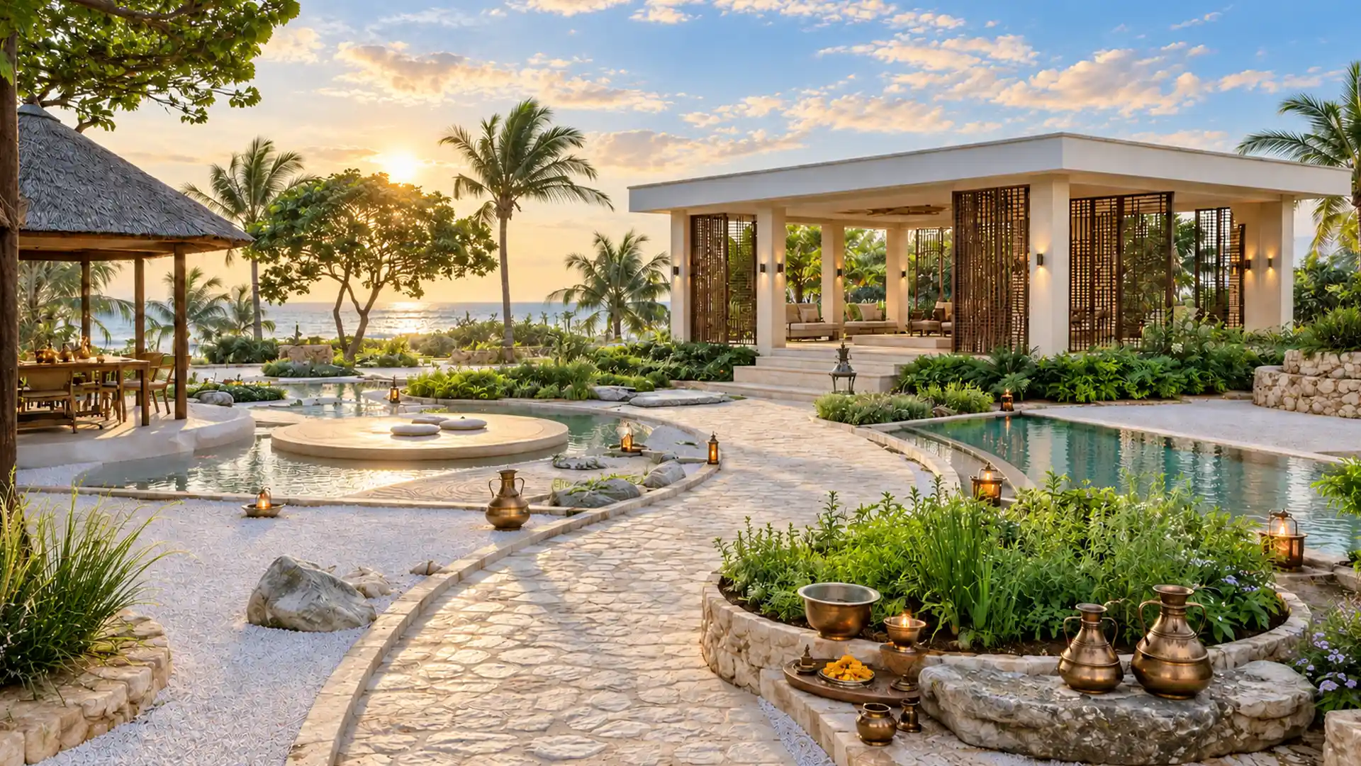 Sohum Zanzibar luxury wellness resort spa gardens at sunset