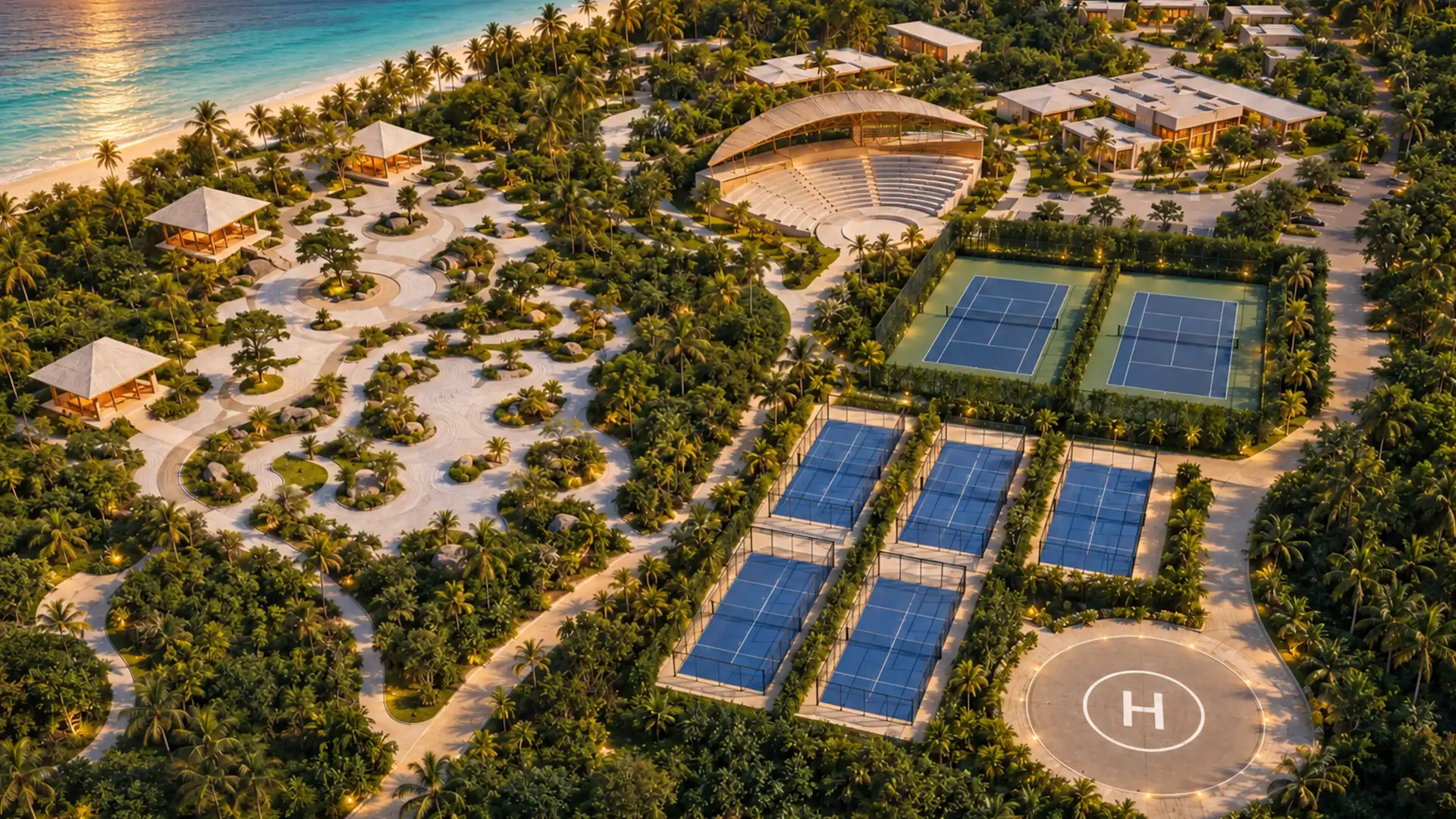 Aerial view of Zanzibar wellness resort amenities, theatre and sports courts