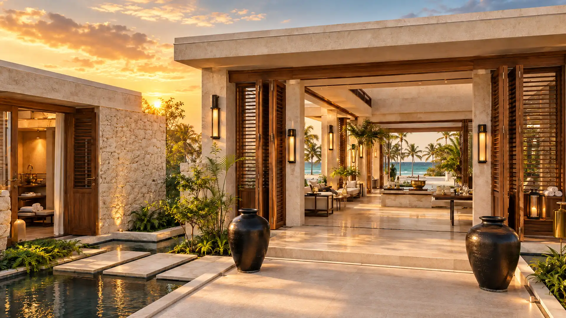 Luxury wellness spa entrance with coral stone and tropical landscaping in Zanzibar