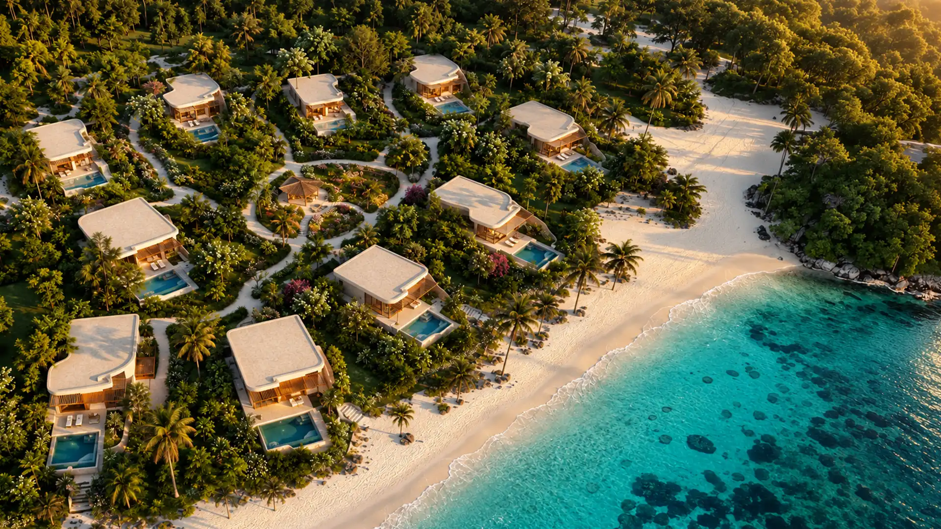Aerial view of private pool villas at Zanzibar luxury beachfront resort