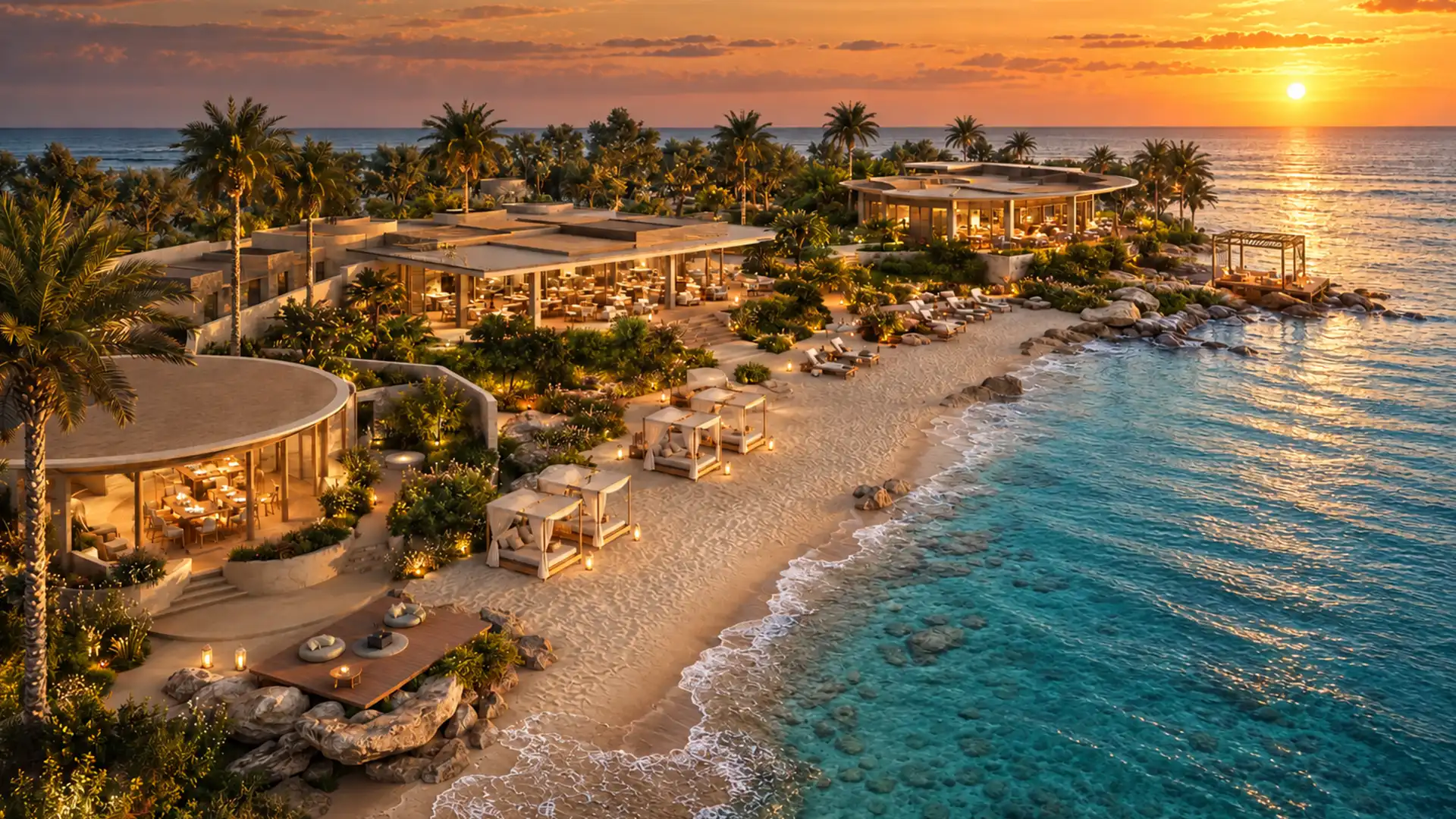 Sohum Zanzibar luxury beachfront resort and restaurants at golden sunset