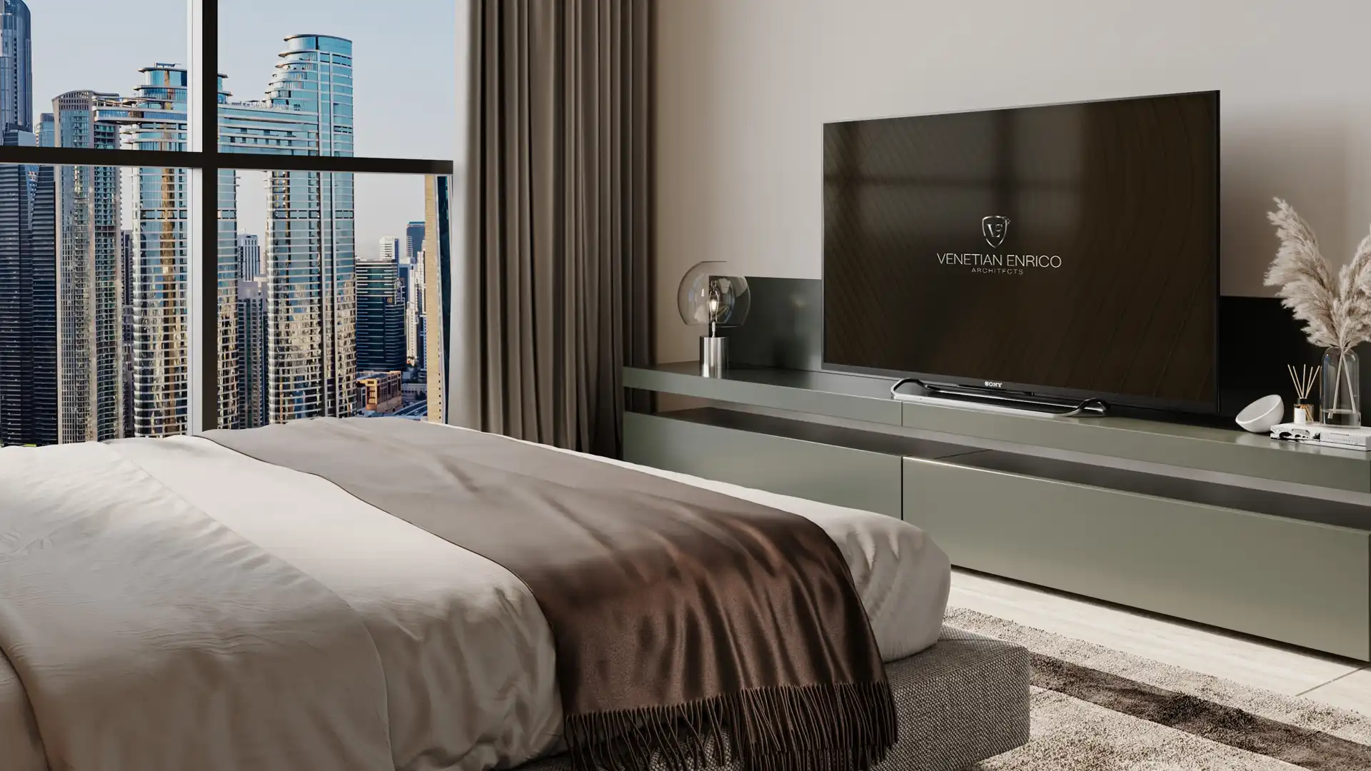 Luxury master bedroom with bespoke media unit and Dubai skyline view